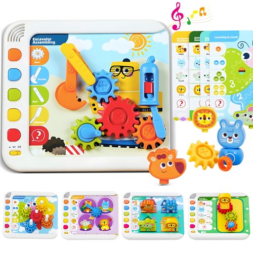 ROHSCE STEM Learning Toys for Kids Age 3-6, Interactive Montessori Busy Board with Flash Cards, Gears, Animals, and Building Blocks, Alphabet Educational Learning Tablet for Toddlers Ages 2 3 4 5 6