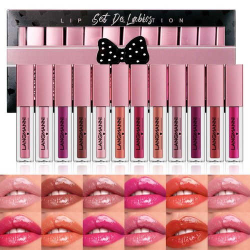 Beauty Searcher 12pcs Lip Gloss Set, Hydrating Long Lasting Waterproof Non-Stick Cup Moisturizing Liquid Lipstick Shimmer Lip Tinted Makeup Gift Set for Women and Girls