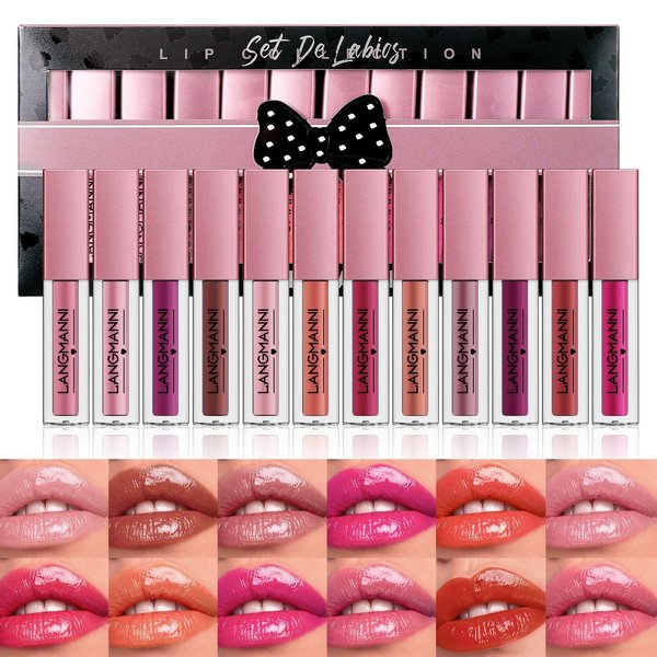 Beauty Searcher 12pcs Lip Gloss Set, Hydrating Long Lasting Waterproof Non-Stick Cup Moisturizing Liquid Lipstick Shimmer Lip Tinted Makeup Gift Set for Women and Girls