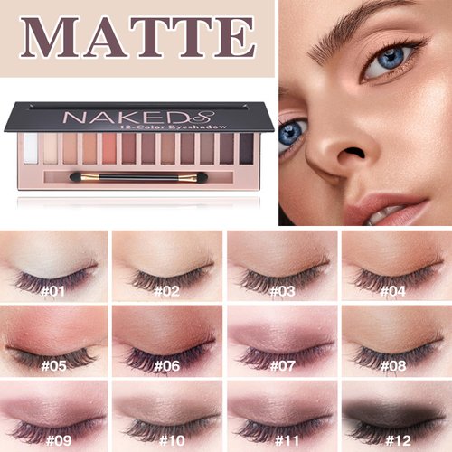 PERVALA 12 Colors Naked Eyeshadow Palette, Natural Nude Matte Pigment Eye Shadow Palette Makeup, With Brush, Long Lasting & Waterproof Smokey Professional Beauty Eye Makeup Kit（Matte）