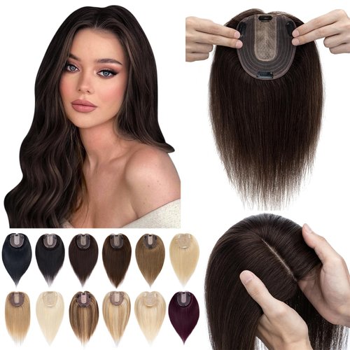 SEGO Hair Toppers for Women Real Human Hair No Bangs 130% Density 10 * 12CM Silk Base 100% Remy Human Hair Clip in Top Wiglet Hair Pieces for Thinning Hair //6 Inch Dark Brown