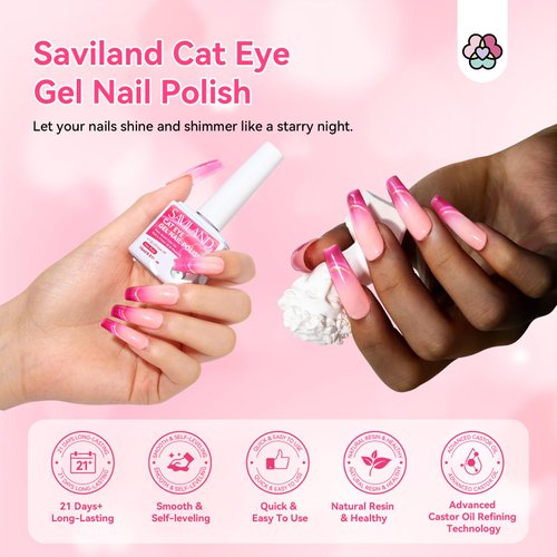 SAVILAND 15ml Glitter Pink Cat Eye Gel Nail Polish Castor Oil Vitamin E: Cateye Gel Polish Soak Off U V LED Nail Lamp Reflective Shining Magnetic Gel Nail Polish Nail Art Magnet Home DIY Nail Salon