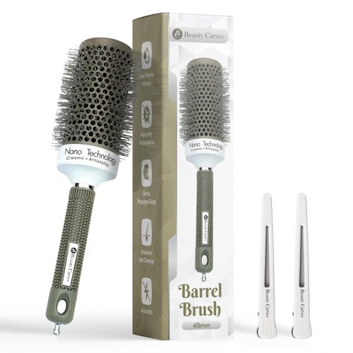 Beauty Carves Round Brush, 45 mm/1.7 Inch Barrel with 2 Clips – Round Hair Brush with Flexible Nylon 66 Bristles Nano Ionic Heat Resistant Tech for Professional Curling, Styling & Shining Texture
