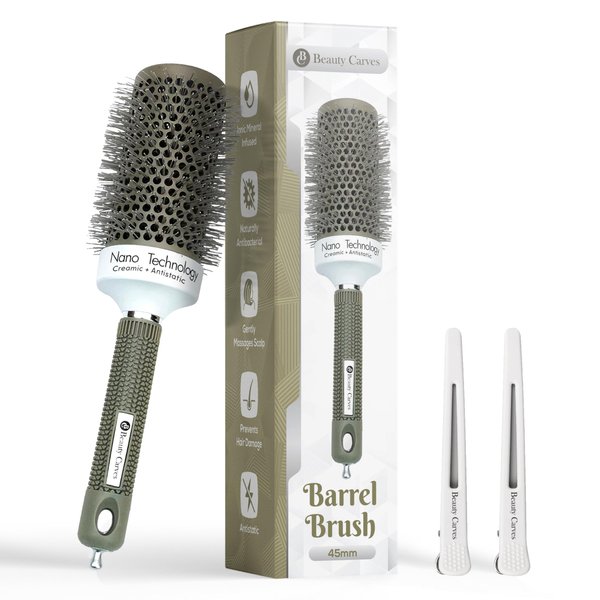 Beauty Carves Round Brush, 45 mm/1.7 Inch Barrel with 2 Clips – Round Hair Brush with Flexible Nylon 66 Bristles Nano Ionic Heat Resistant Tech for Professional Curling, Styling & Shining Texture