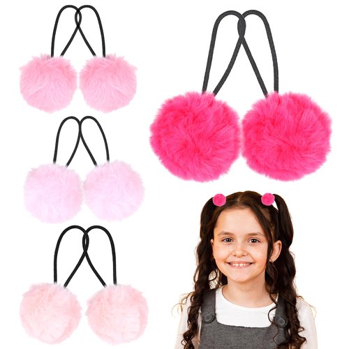 8 PCS Pom Pom Hair Ties 4 Colors Hair Pom Poms for Girls Cute Small Fuzzy Pompom Hair Ties Elastic Hair Ties with Fluffy Pom Poms Fluffy Balls Rubber Bands Ropes Hair Accessories or Toddler Girls
