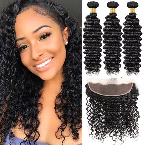 Weydlor Deep Wave Bundles Human Hair with 13x4 Lace Frontal (14 16 18+12) 3 Bundles Wet and Wavy 12A Grade Human Hair Extensions 100% Human Hair Natural Color 180% Density