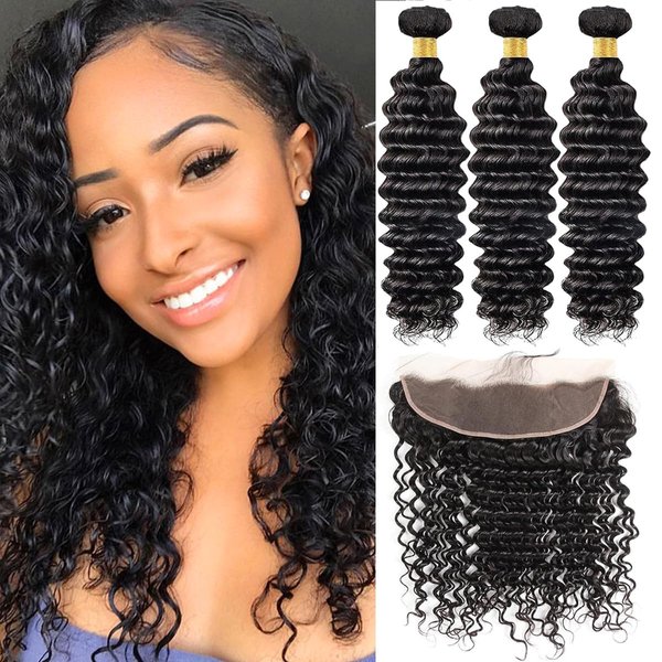 Weydlor Deep Wave Bundles Human Hair with 13x4 Lace Frontal (14 16 18+12) 3 Bundles Wet and Wavy 12A Grade Human Hair Extensions 100% Human Hair Natural Color 180% Density