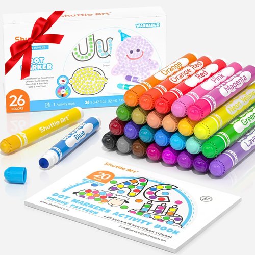 Shuttle Art Washable Dot Markers 26 Colors with Free Activity Book, Fun Art Supplies for Kids Toddlers and Preschoolers, Non Toxic Water-Based Paint Daubers, Dot Art Markers