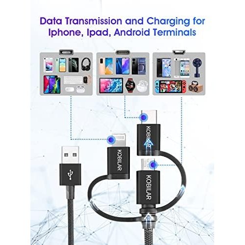 Kobilar Apple MFi Certified 3 in 1 Charging Cable, CarPlay Cable, USB A to Lightning/Type-C/Micro, Multi Charger Cable, Compatible with iPhone,iPad,Samsung,Pixel,Android (Black, 2pack-3.3+6.6ft)