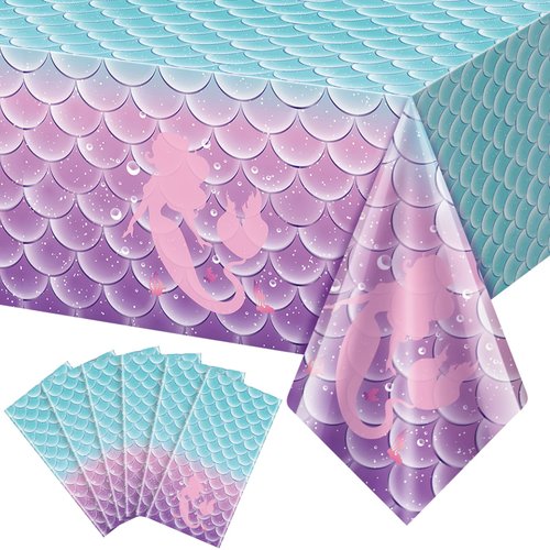 Jectivs 6Pcs Mermaid Birthday Party Tablecloth Decorations,Disposable Plastic Table Cover for Princess Under The Sea Baby Shower Themed Kids Birthday Party Supplies,108x54 Inch