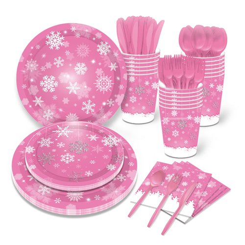 116 Pcs Pink Snowflake Winter Wonderland Birthday Party Supplies Tableware Set Pink Christmas Snowflake Paper Plates Cups Napkins Disposable Tableware Pack for Christmas Frozen Winter Wonderland Party