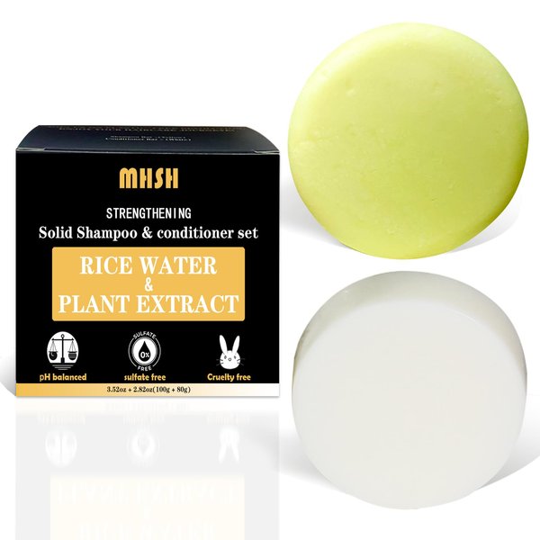 Rice Bar Hair Growth Rice Water Shampoo and Conditioner Bar Set - 100g & 80g, Cold-Pressed, Soap-Free, Sulfate-Free for Strengthening Hair, 2Pcs