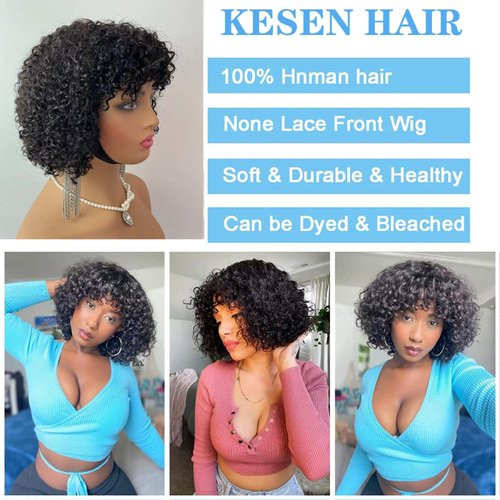 KESEN human wigs short curly wig with bangs 100% brazilian virgin human hair no lace front wigs burgundy Natural Black human wig glueless wig for black women 10 inch