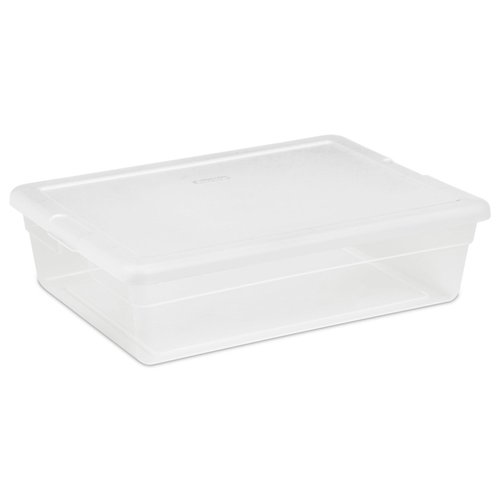 Sterilite 28 Qt Underbed Storage Box, Stackable Bin with Lid, Plastic Container to Organize, Bedroom, Clear Base and White Lid, 1-Pack