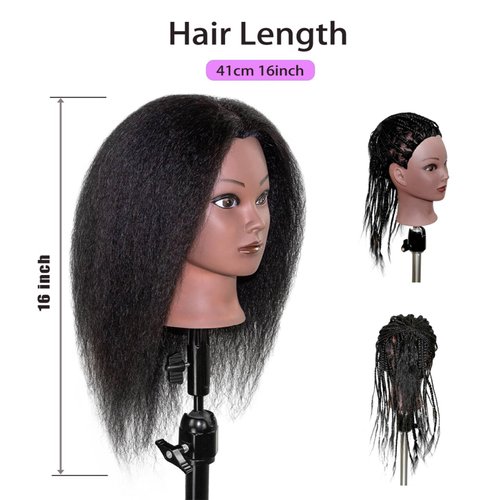 LUNGCYX Mannequin Head Human Hair,Cosmetology Manikin Head With 100% Real Human Hair Doll Head for Hairdresser Training Practice Braiding Hair Styling (BLACK-508)