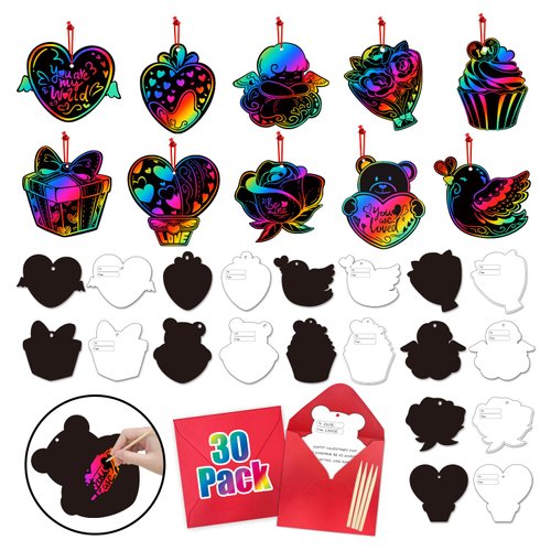 PARTYWIND Valentines Cards for Kids, 30 Pack Scratch Art Paper Crafts for Kids School Classroom Exchange, Valentine's Day Cards with Envelopes, Valentines Party Decorations Supplies Favors