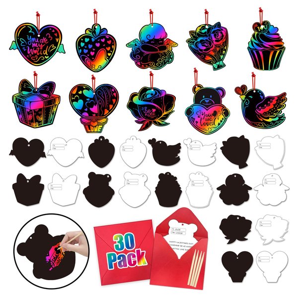 PARTYWIND Valentines Cards for Kids, 30 Pack Scratch Art Paper Crafts for Kids School Classroom Exchange, Valentine's Day Cards with Envelopes, Valentines Party Decorations Supplies Favors
