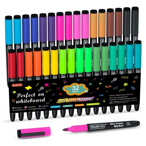 Shuttle Art Dry Erase Markers, 32 Pack 16 Colors Magnetic Whiteboard Markers with Erase, Fine Point Dry Erase Markers Perfect For Writing on Whiteboards,Mirrors for School Office Home