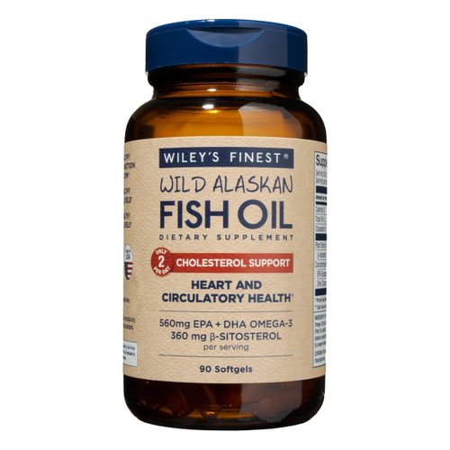 Wiley's Finest Wild Alaskan Fish Oil Cholesterol Support - Heart Health Supplement for Men and Women - 560mg Omega-3s - 90 Softgels (45 Servings)
