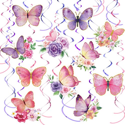 30 Pieces Butterfly Party Decorations Butterfly Hanging Decorations Watercolor Purple Butterfly Hanging Swirls Decorations Summer Themed Swirls Garland for Baby Girl Birthday Wedding Party Supplies