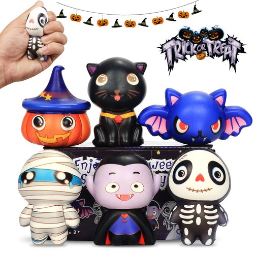 6 Packs-Halloween Squishies Toys Slow Rising, Gift Box Includes Ghost: Vampire,Pumpkin,Skull,Black Cat,Mummy,Bat, Halloween Soft Toys for Girls,Boys,Kids Party