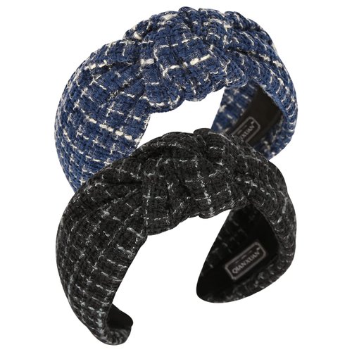 QIANXUAN Black Fabric Headbands For Women Top Knotted Headbands For Women Top Knot Headband Plaid Elegant Twill Woolen Cloth Hairband Classic Houndstooth lattice Hair Accessories Girls