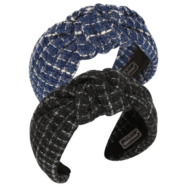 QIANXUAN Black Fabric Headbands For Women Top Knotted Headbands For Women Top Knot Headband Plaid Elegant Twill Woolen Cloth Hairband Classic Houndstooth lattice Hair Accessories Girls