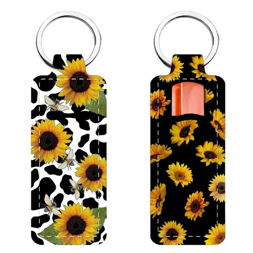 FREEBLOSS 2Pcs Chapstick Holder Keychain 1.5x3.8'' Lip Balm Holder Keychain Lightweight Lipstick Sleeve Pouch with Sunflowers Pattern for Women Girls