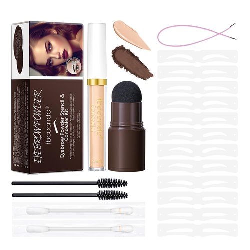 Eyebrow Stencil Kit, Professional Waterproof Brow Powder Stamp，One Step Brow Powder Stamp Makeup with 12 Reusable Eyebrow Stencils＆1 liquid concealer 02# (Natural brow)