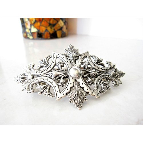 Generic Gold or silver metal filigree with leaves hair clip barrette (Primary color: Silver), 1 Count (Pack of 1)