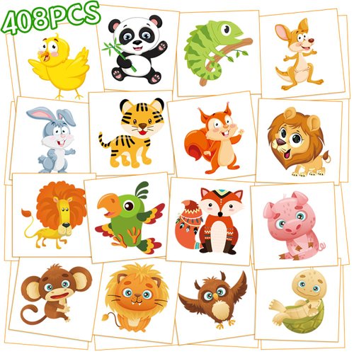 Individual Temporary Tattoos for Kids - 408 Pieces | Animals、Dinosaurs、Vehicles | Tattoos Stickers for Boys | Goody Bag Favor for Parties | Non-toxic、Skin-Safe*、Cosmetic-Grade