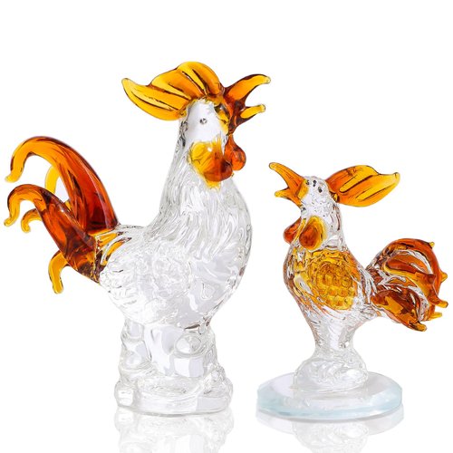 Movdyka 2pc Brown Crystal Chicken Rooster Figurine Table Art Sculpture Decor Hand Blown Glass Farm Animal Table Ornament Decoration Statue Rooster Gifts for Women