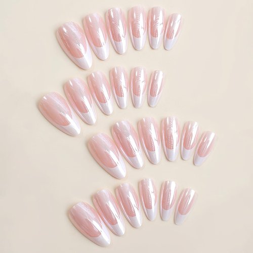 Mkwntg French Tips Press on Nails Short Almond Fake Nails Glossy False Nails with Mirror Designs Aurora Chrome Pearl Powder Full Cover Acrylic Nails for Women Girls Manicure Nail Decoration 24Pcs