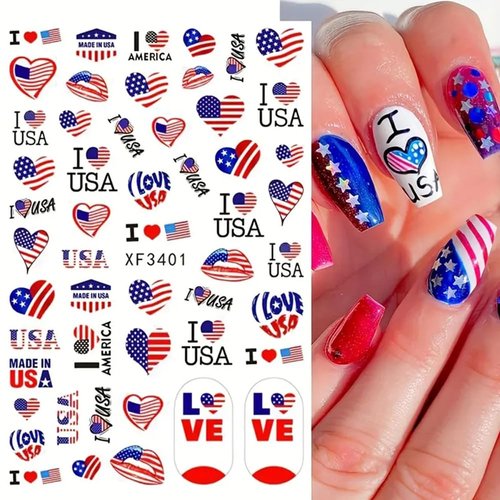4th of July Nail Art Stickers, 8Sheets American Flag Patriotic Nail Decals Independence Day 3D Nail Stickers Nail Supply USA Flags Heart Star Design Manicure Sliders for Memorial Day Nail Decorations