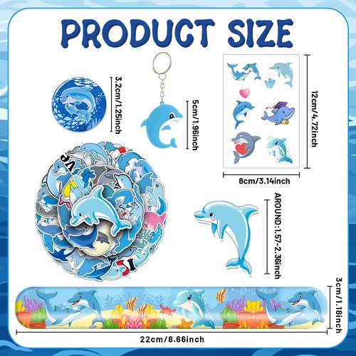 98 PCS Dolphin Party Favors, Dolphin Temporary Tattoos Slap Bracelets Keychains Stickers Badges for Dolphin Birthday Party Decorations Supplies Gifts for Kids Teens Boys Girls Classroom Rewards