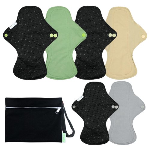 wegreeco 6 Pcs Reusable Menstrual Pads, Ultra Absorbent Cloth Pads for Period, Sanitary Pads for Teens, Women, Nonslip Panty Liners + 1 Pc Wet Bag (Mustard Yellow, Grey, Beige, M)