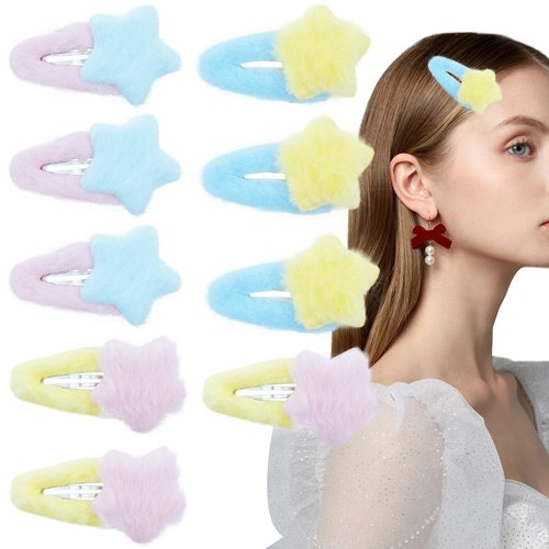 Fluffy Star Hair Accessories: 9 Snap Barrettes, Non-Slip Hairpins for Women & Girls