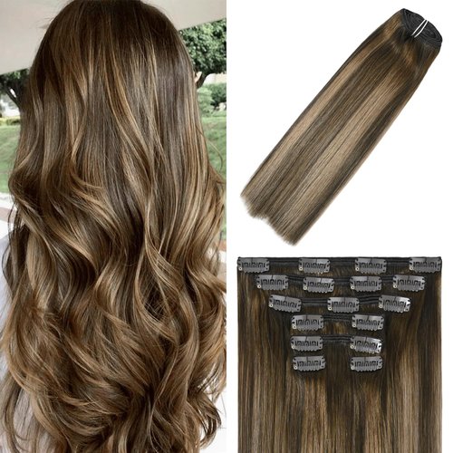 WindTouch Clip in Hair Extensions Human Hair Mushroom Brown Balayage Ombre Hair Extensions Remy Hair Extensions 120g 18Inch 7PCS