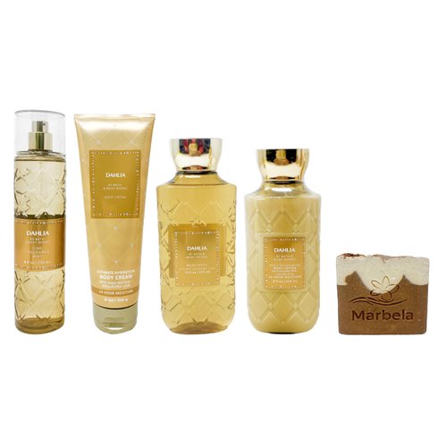 Bath & Body Works Dahlia - Deluxe Gift Set - Fine Fragrance Mist, Body Cream, Body Wash and Body Lotion With a Yamma Jamma Bar Soap., golden