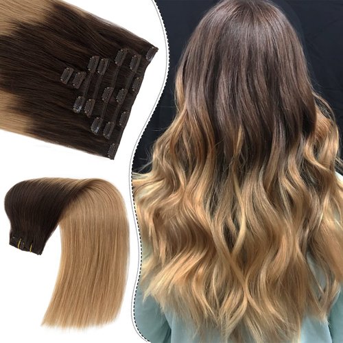 OiMiGO Clip in Hair Extensions, Human Hair Extensions Medium Brown to Caramel Blonde Clip ins Extension Invisible Clips 7 Pieces 15 Inch 70g Straight Ombre Blonde Remy Human Hair Clip on Extensions