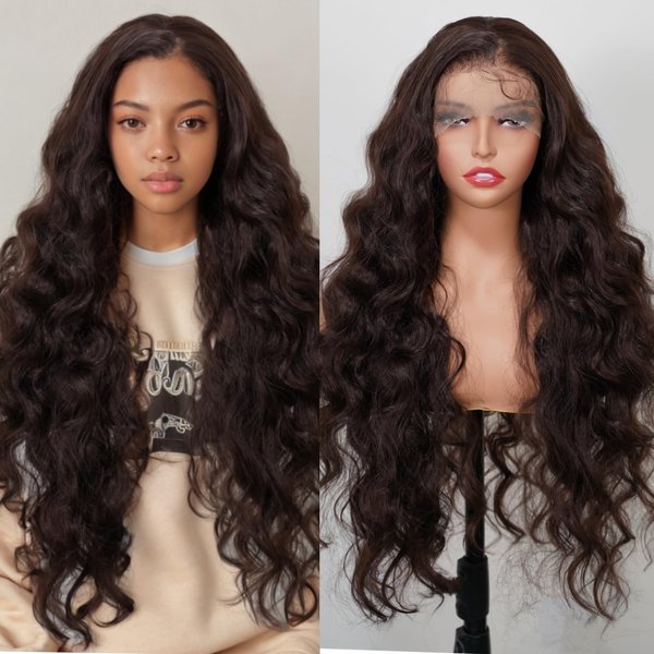 MISS FANCY 32 Inch Brown Lace Front Wigs For Black Women 13X6 HD Lace Wavy Hair Pre Plucked Hairline with Baby Hair Heat Resistant Synthetic Deep Body Wave Wig Glueless Daily Wear and Go