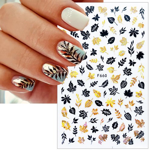 6 Sheets Bronzing Fall Nail Stickers 3D Metallic Self-Adhesive Nail Decals Fall Leaf Thanksgiving Nail Art Supplies Autumn Black Gold Maple Leaves Nail Designs Sticker for Women Manicure Accessories