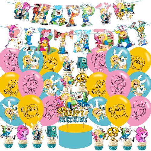 Time of Adventure Themed Birthday Party Supplies Set Happy Birthday Banner, Cake Topper, Cupcake Toppers, Balloons for Cartoon Adventure Kids Party Decorations