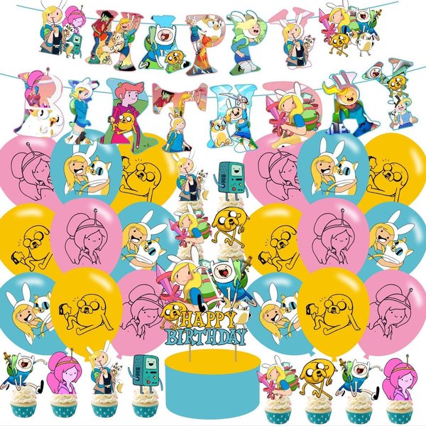 Time of Adventure Themed Birthday Party Supplies Set Happy Birthday Banner, Cake Topper, Cupcake Toppers, Balloons for Cartoon Adventure Kids Party Decorations