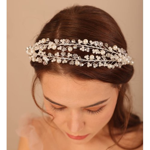 Xerling Silver Crystal Tiara Pearl Rhinestone Headband for Girls Layered Hair Band Bride Wedding Floral Hair Accessory Bridal Jewelry (Silver)