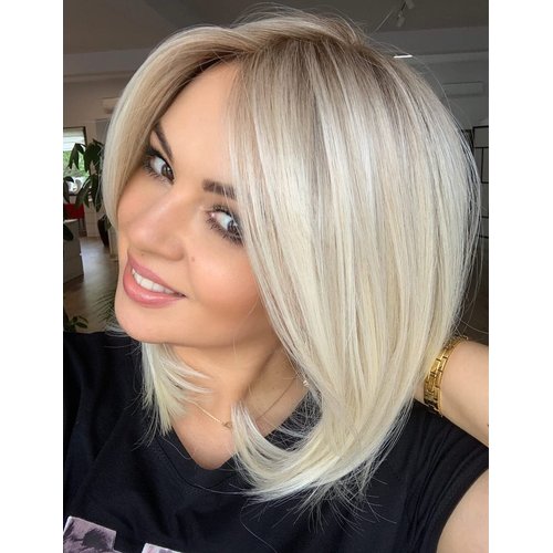 RENERSHOW Short Platinum Blonde Bob Wigs for White Women Ombre Blonde Wig with Brown Roots Straight Heat Synthetic Daily Party Wig(14inch)