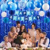 Blue Happy Birthday Party Decorations for Men Boys, Pre-Strung Happy Birthday Sign Banner, Blue Balloons, Fringe Curtain, Tissue Paper Pom Poms, Star Garland, Hanging Swirls for Birthday Party