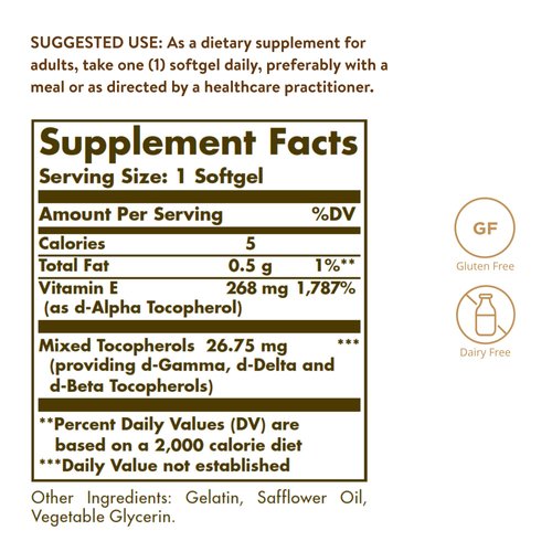 Solgar Vitamin E 268 mg (400 IU), 250 Mixed Softgels - Natural Antioxidant, Skin & Immune System Support - Naturally-Sourced Vitamin E - Gluten Free, Dairy Free - 250 Servings