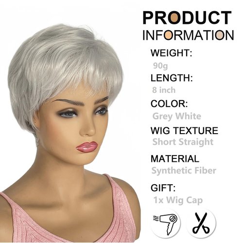 BEAUTY FLAG Short Grey Wigs for White Women Short Layered Pixie Cut Silver Gray Wigs with Bangs Women Natural Curly Synthetic Hair Wigs(8 inch, Silver Grey)