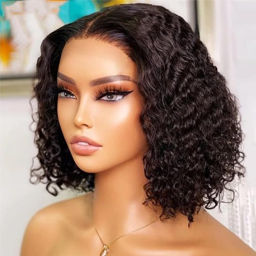 Xinjiju Wear and Go Glueless Wigs Human Hair Pre Plucked Pre Cut 6x4 Short Curly Bob Lace Front Wigs for Black Women Natural Hairline Water Wave Lace Front Wigs 200% Density 12 Inch